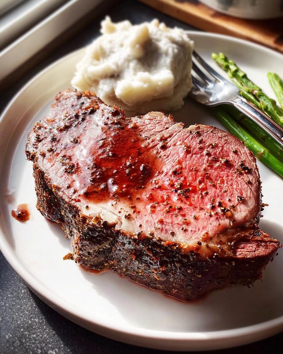 A thick slice of perfectly cooked Easy Prime Rib, medium-rare, resting on a white plate with mashed potatoes and asparagus.
