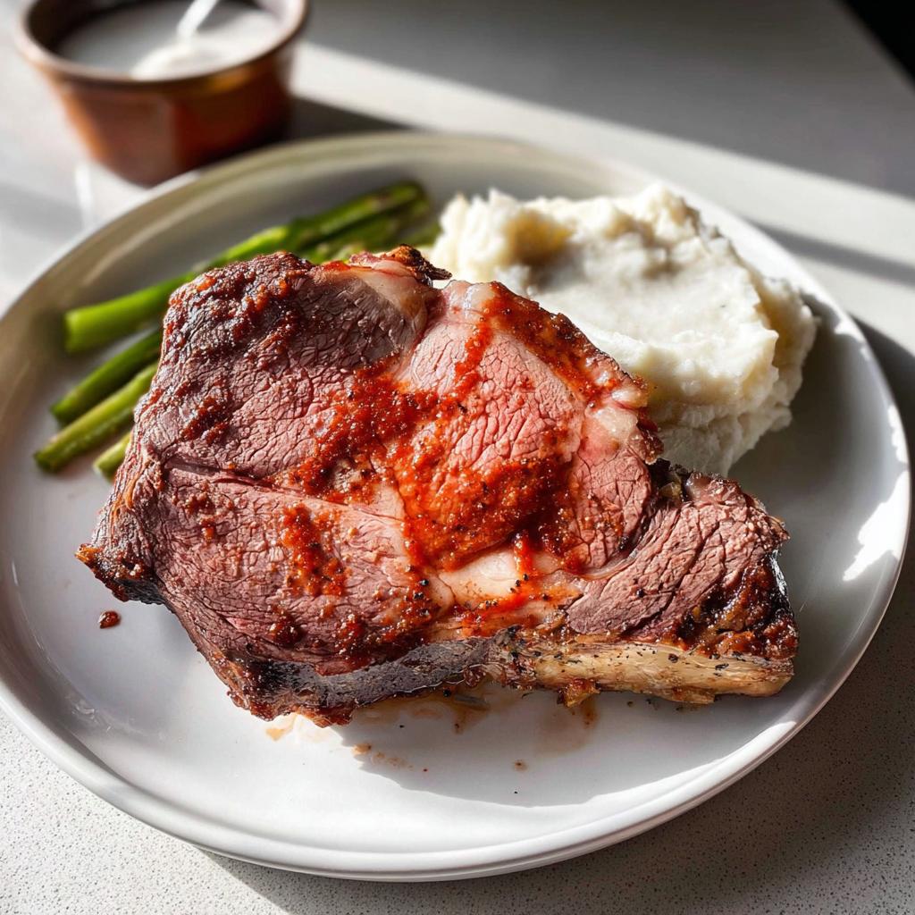 A juicy slice of Easy Prime Rib served with mashed potatoes and asparagus on a white plate.