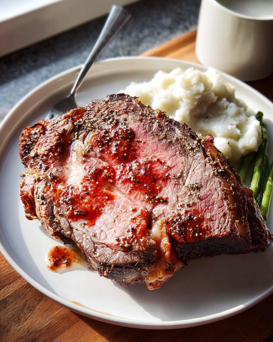 A slice of medium-rare Easy Prime Rib, seasoned with pepper, served with mashed potatoes and asparagus.
