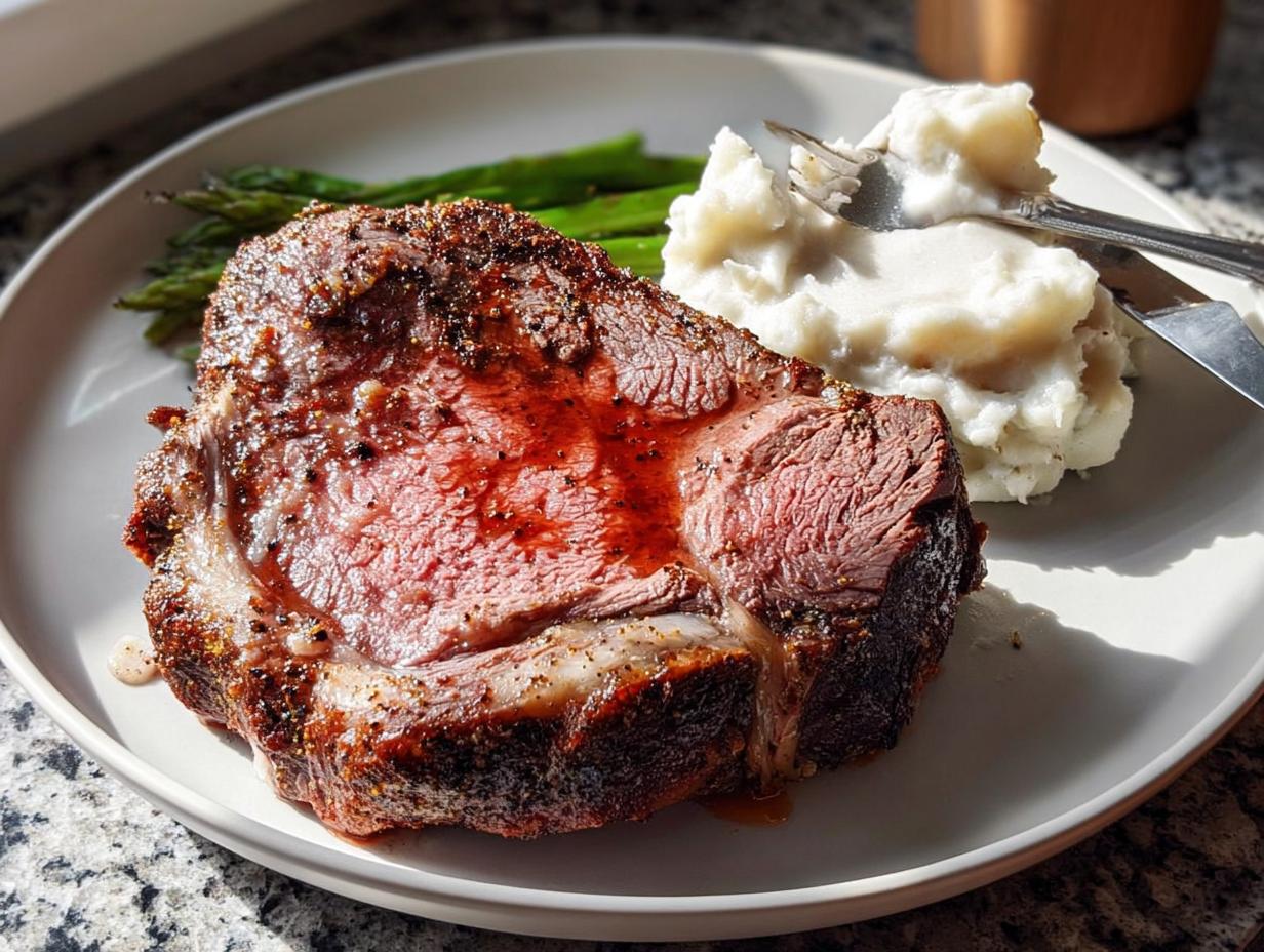 A thick slice of medium-rare Easy Prime Rib, seasoned and juicy, served with mashed potatoes and asparagus.