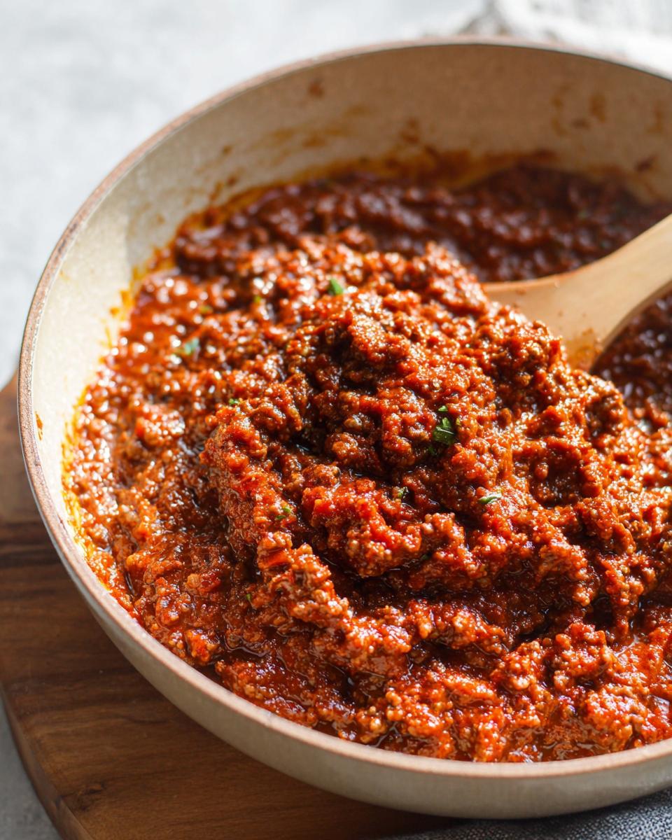 Close-up of thick, rich Easy Weeknight Meat Sauce with ground beef simmering in a light-colored bowl with a wooden spoon.