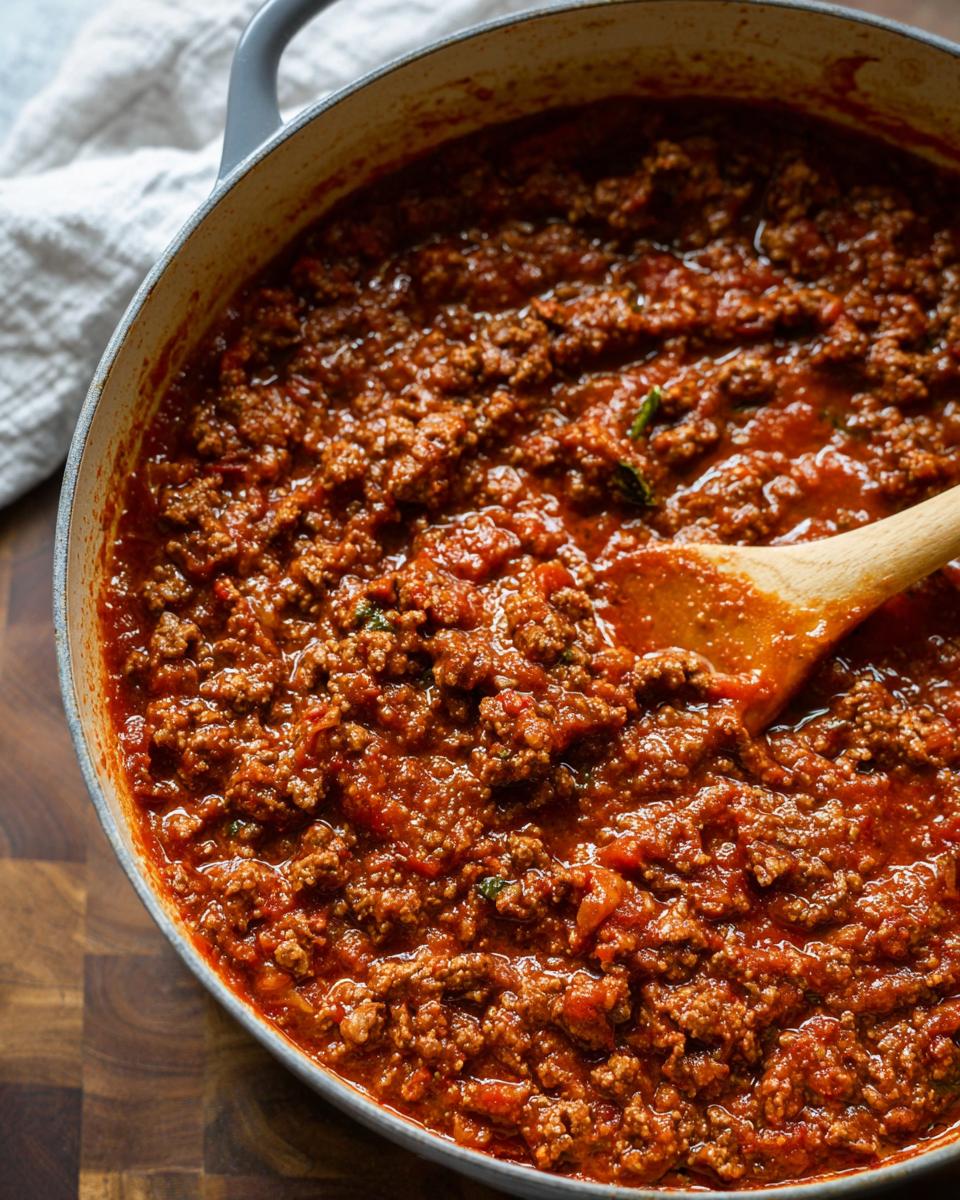 Close-up of rich, thick Easy Weeknight Meat Sauce simmering in a light gray pot with a wooden spoon.