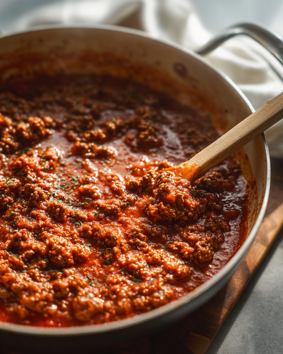 Close-up of rich, simmering Easy Weeknight Meat Sauce with ground beef in a white skillet, stirred by a wooden spoon.