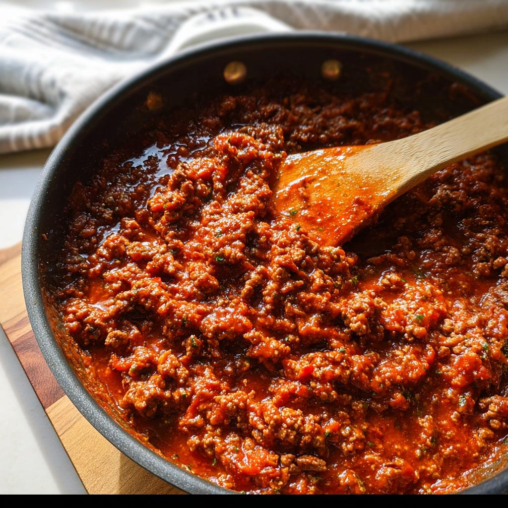 Close-up of rich, thick Easy Weeknight Meat Sauce with ground beef simmering in a black skillet, stirred by a wooden spoon.