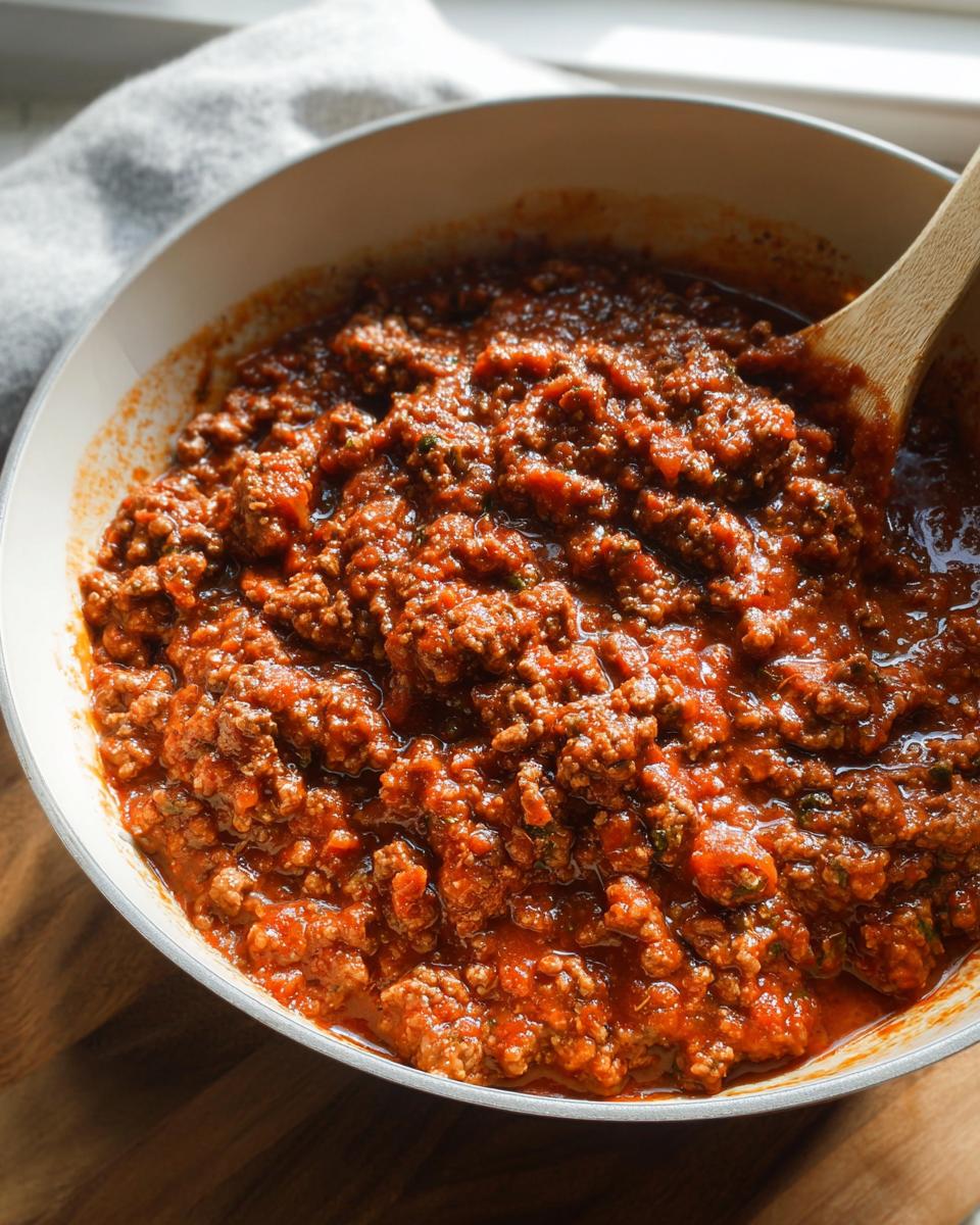 A close-up shot of rich, thick Easy Weeknight Meat Sauce made with ground beef simmering in a white skillet with a wooden spoon.