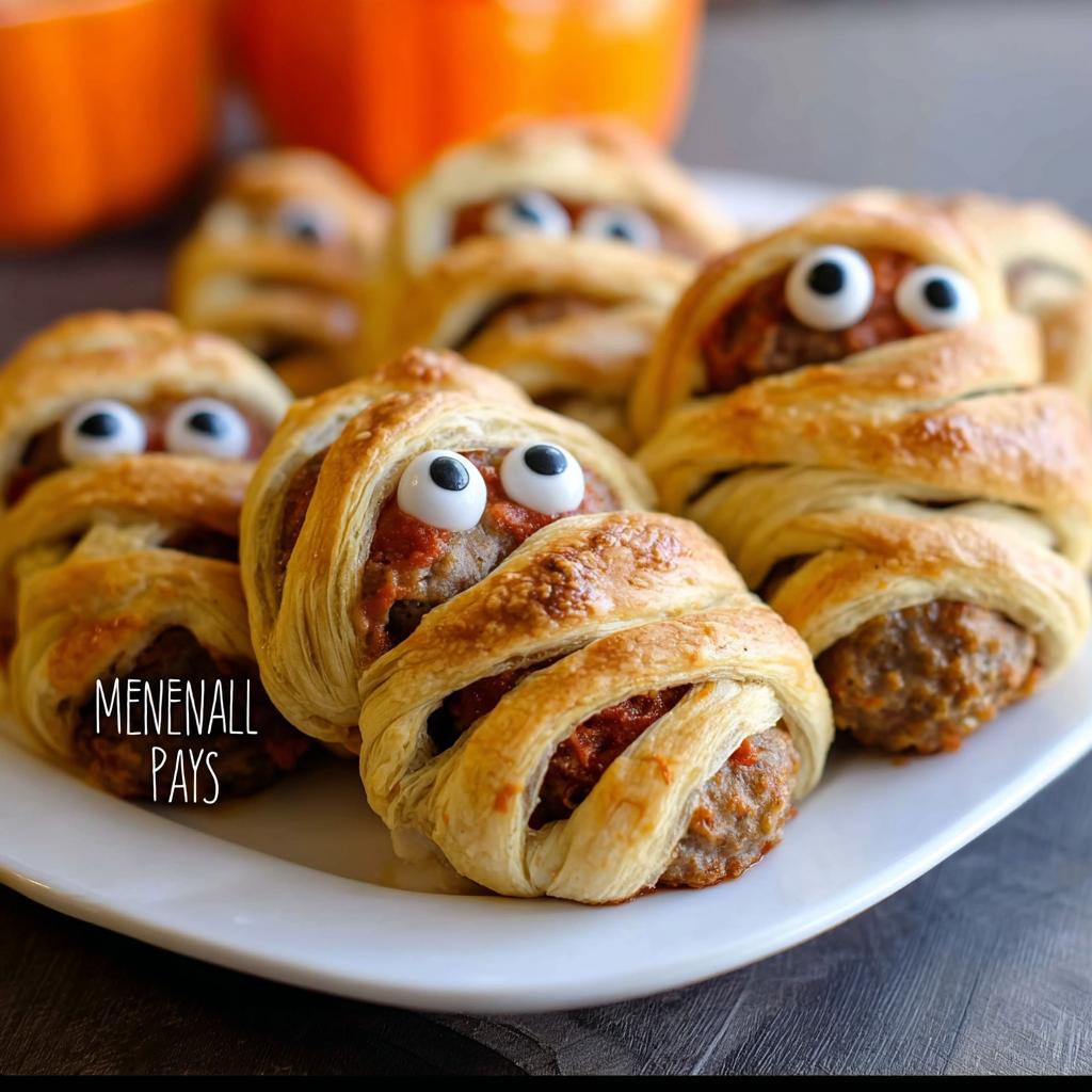 Close-up of several savory Egg "Mummies" wrapped in pastry dough with candy eyes, ready for Halloween.