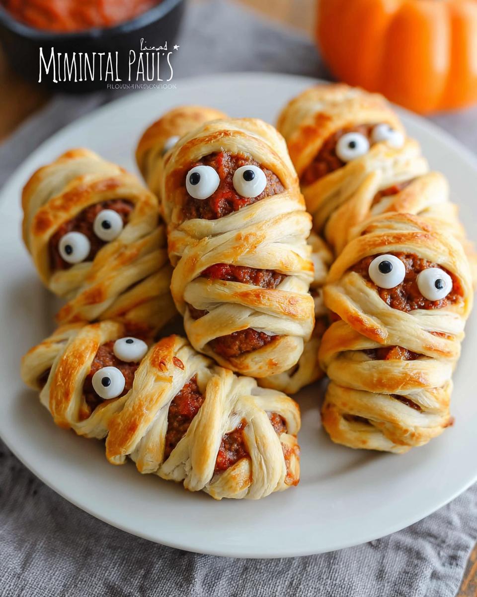 A plate of savory Egg "Mummies" wrapped in golden puff pastry with candy eyes, perfect for Halloween.