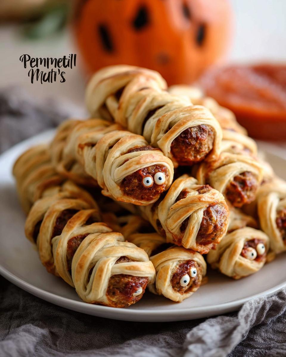 A pile of spooky Egg "Mummies" made with meatballs wrapped in pastry dough and decorated with candy eyes.