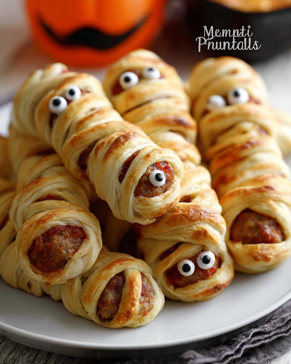 Close-up of several savory Egg "Mummies" wrapped in pastry dough with candy eyes, a fun Halloween appetizer.