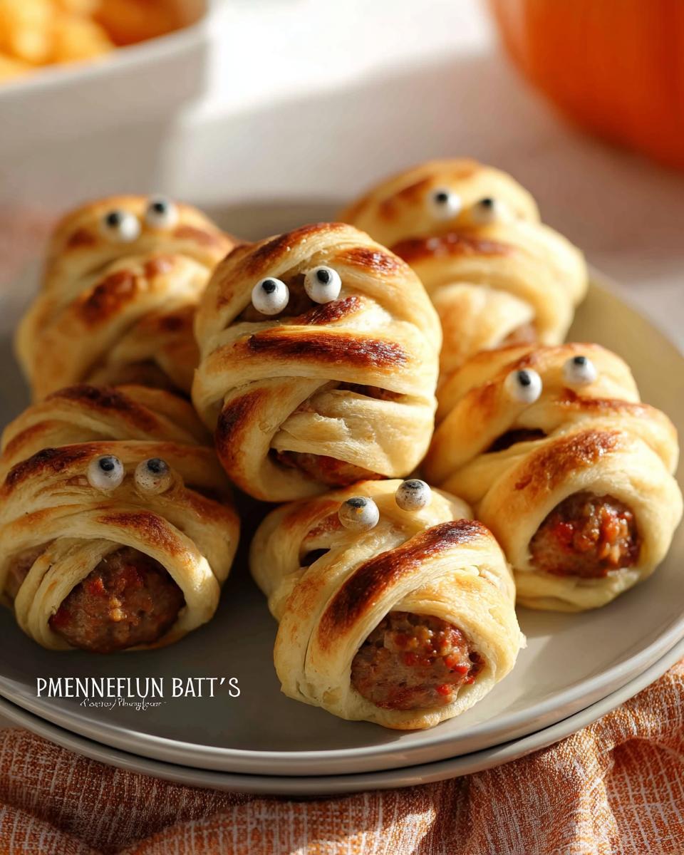 A plate of spooky Egg "Mummies" wrapped in golden pastry with candy eyes, a fun savory Halloween treat.