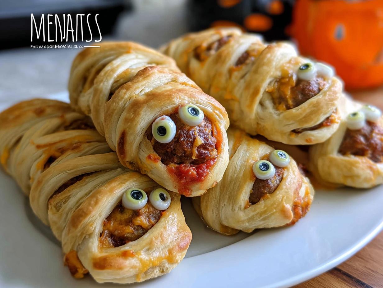 Close-up of several savory Egg "Mummies" wrapped in pastry dough with candy eyes, ready for Halloween.