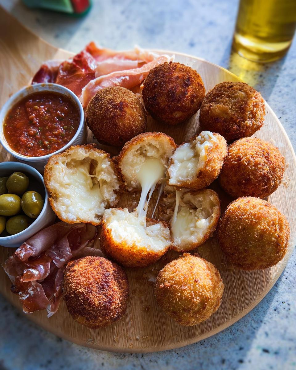 Golden fried arancini balls served on a wooden board, one is broken open showing melted cheese pull, perfect for a New Year’s Eve Dinner Menu.