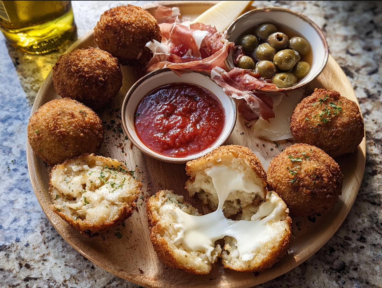 A wooden platter featuring cheesy arancini balls, prosciutto, olives, and marinara sauce, perfect for a New Year’s Eve Dinner Menu.