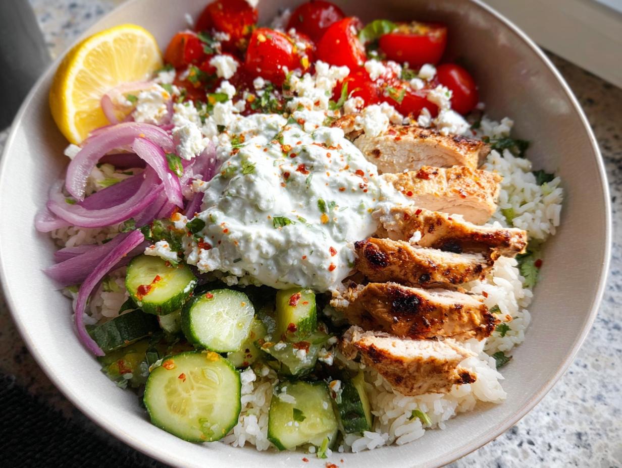 A vibrant bowl featuring sliced grilled chicken, rice, cucumbers, tomatoes, red onion, and tzatziki sauce, perfect for Mediterranean Chicken Bowls.
