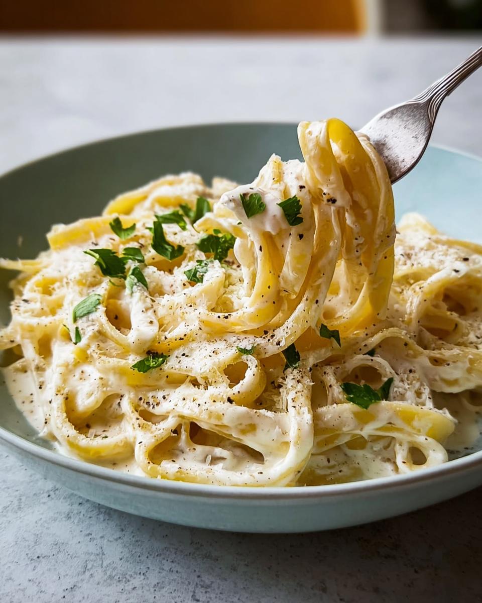 A fork lifting fettuccine coated in the Best Alfredo Sauce Recipe Ever, garnished with Parmesan and parsley.