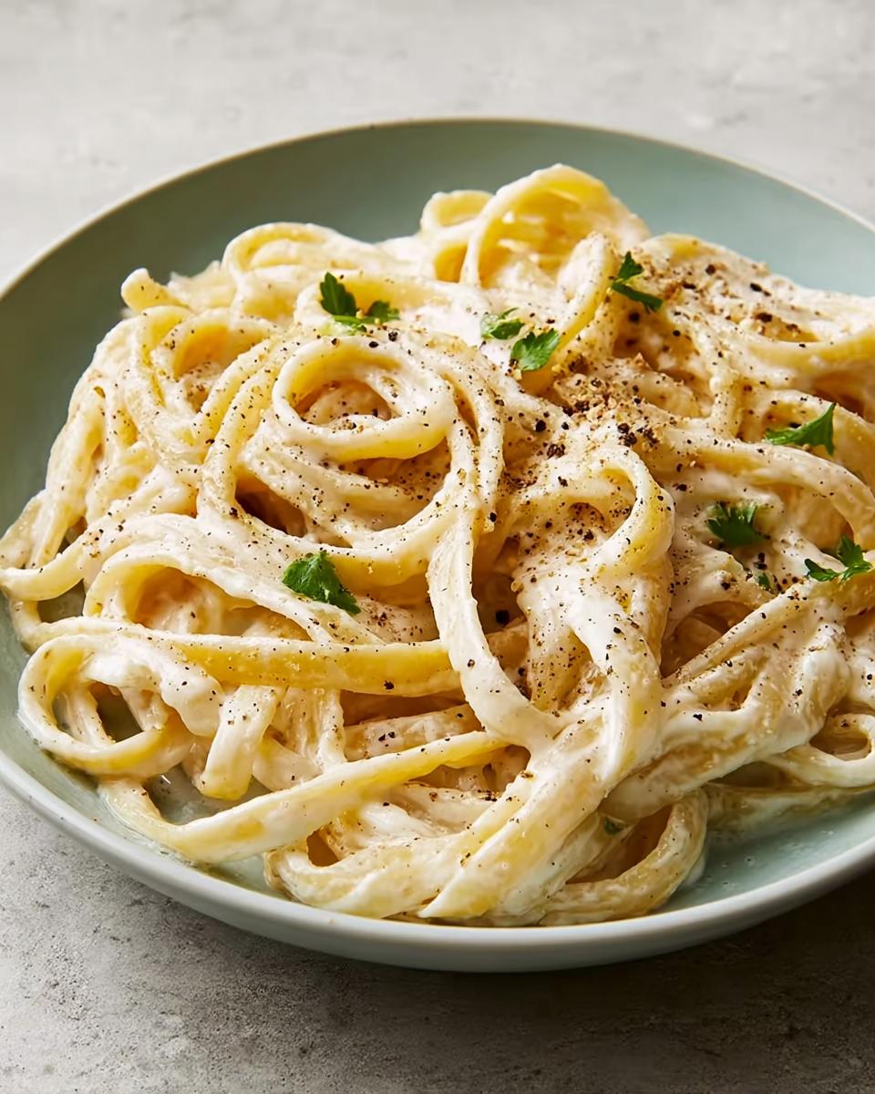 Close-up of fettuccine pasta coated in creamy, rich sauce, seasoned with black pepper and parsley, showcasing the Best Alfredo Sauce Recipe Ever.