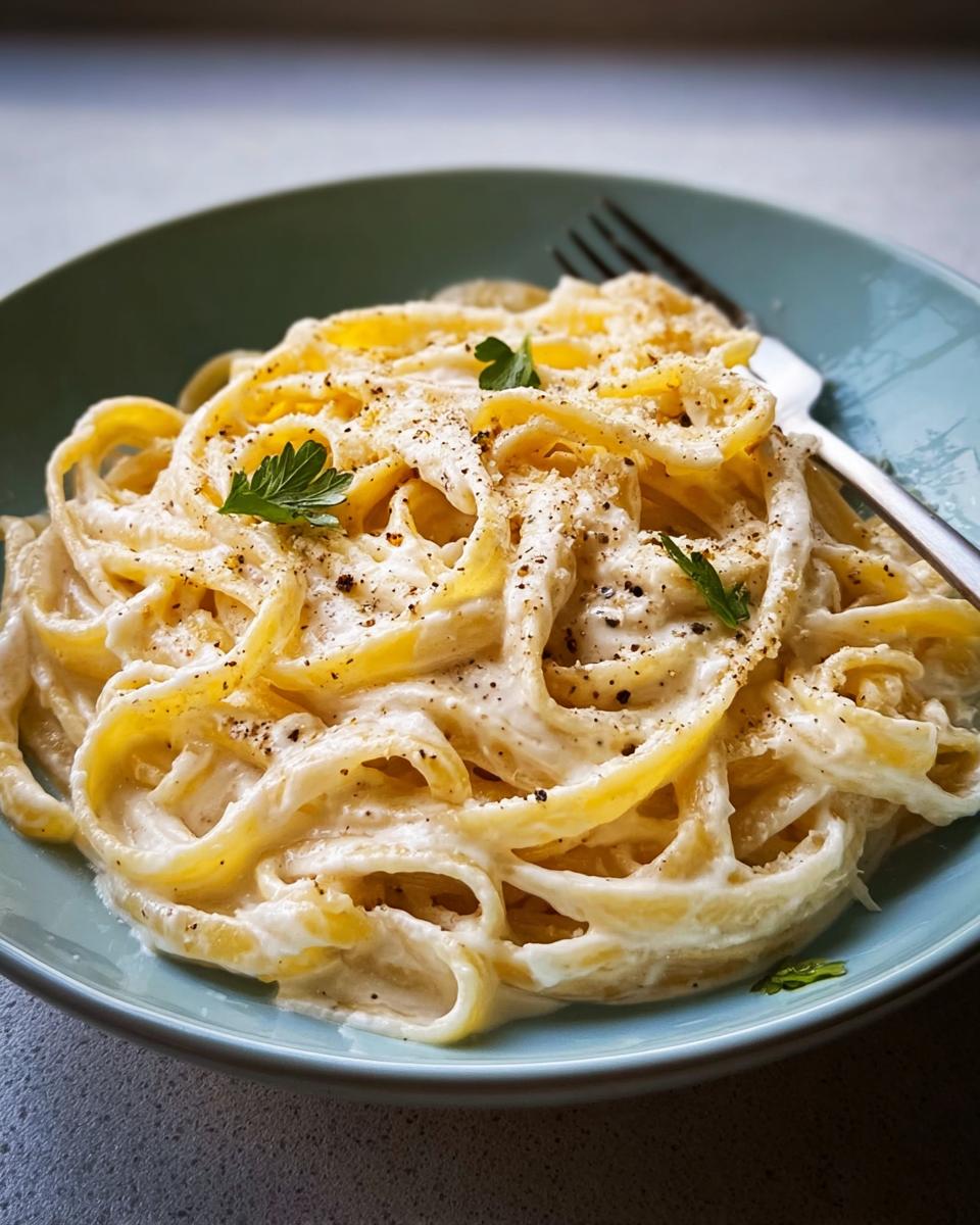 Close-up of fettuccine pasta coated in creamy, rich Alfredo sauce, topped with pepper and parsley.