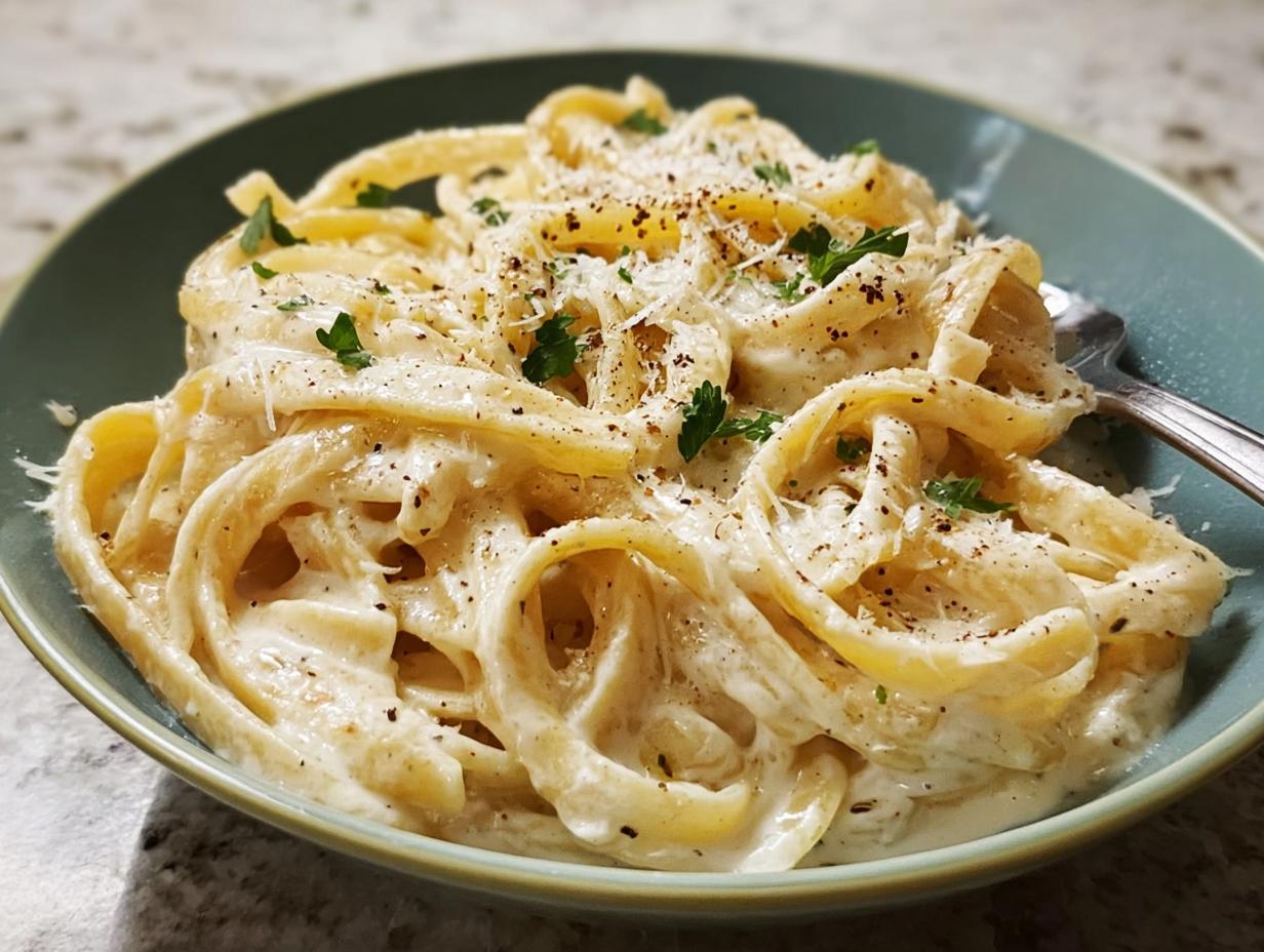 Close-up of fettuccine pasta coated in creamy, rich sauce, topped with Parmesan and pepper, showcasing the Best Alfredo Sauce Recipe Ever.