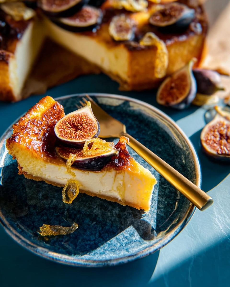 A slice of creamy fig cheesecake topped with fresh figs and caramel, perfect for Thanksgiving Desserts.