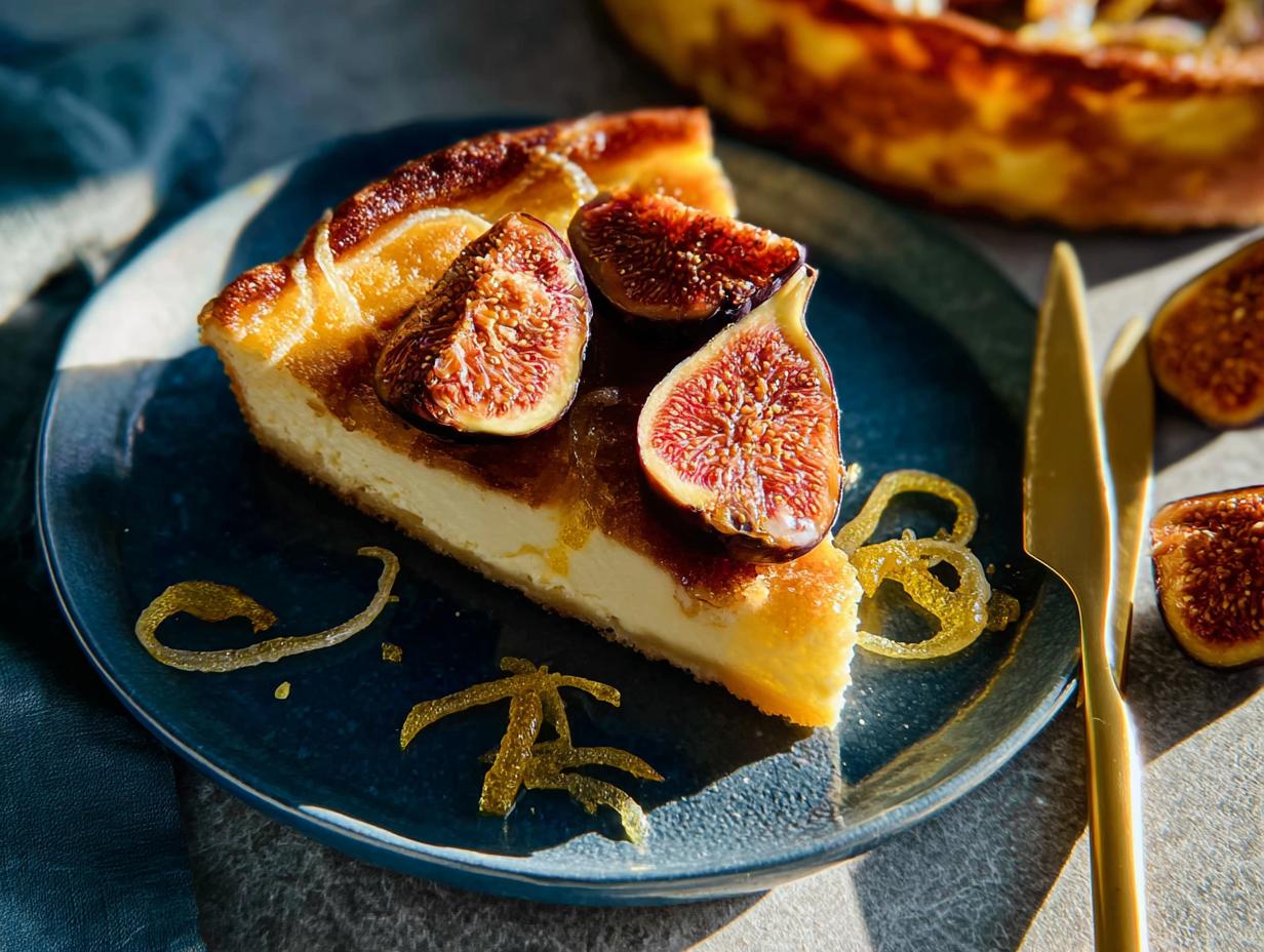 A slice of creamy cheesecake topped with fresh figs, honey, and candied lemon zest, perfect for Thanksgiving desserts.
