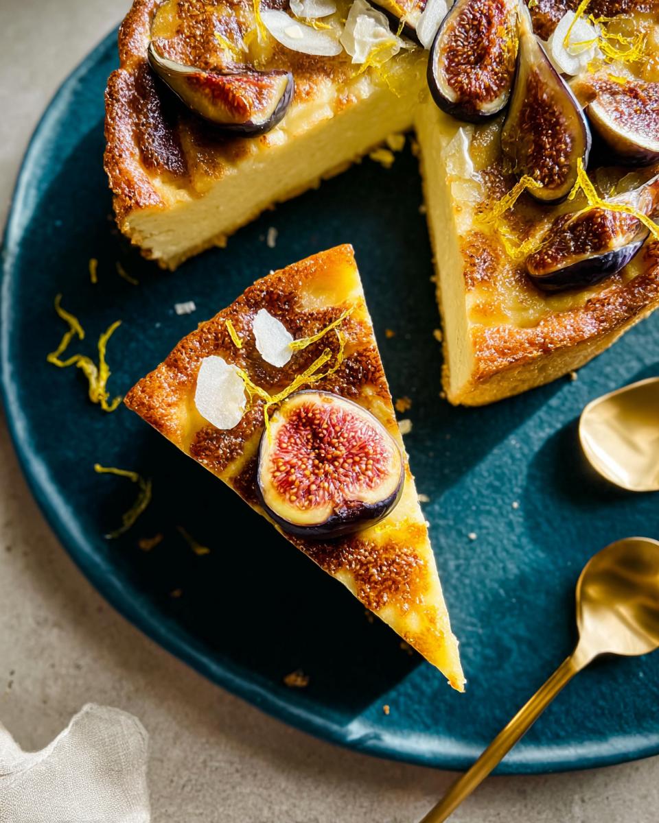 A slice of creamy fig and lemon cheesecake topped with fresh figs and lemon zest, perfect for Thanksgiving Desserts.