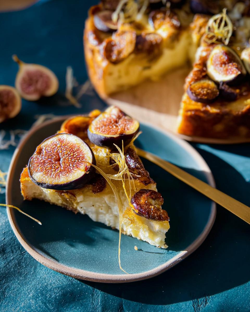 A slice of fig tart, a perfect addition to Thanksgiving Desserts for Busy Weeknights, topped with fresh figs and caramel.