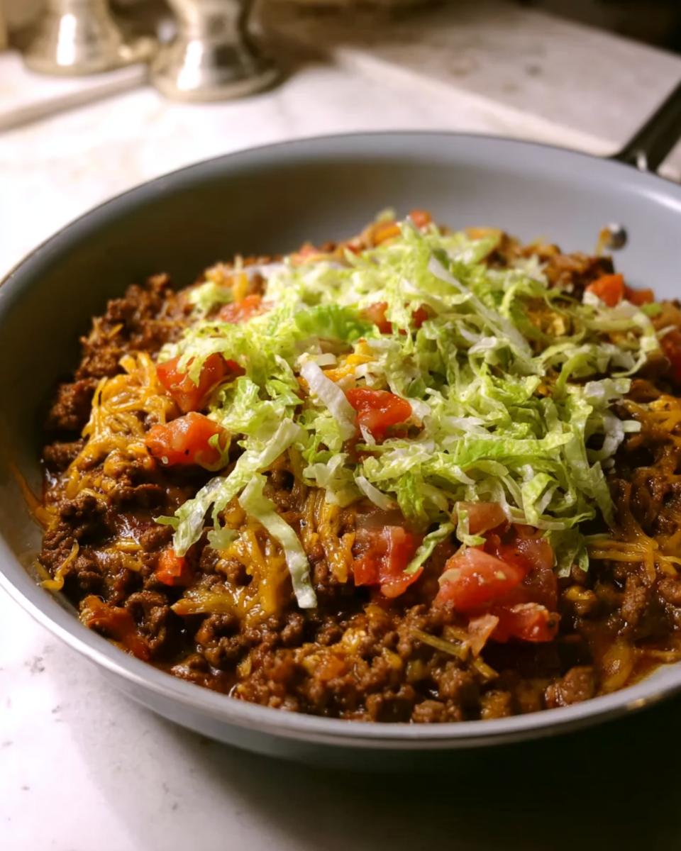 A close-up of the finished Taco Skillet in a gray pan, topped with melted cheese, diced tomatoes, and shredded lettuce.