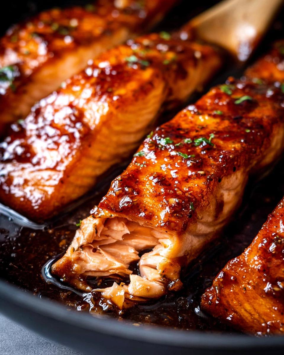 Close-up of flaky Honey Garlic Salmon fillets cooking in a dark, glossy glaze in a skillet.