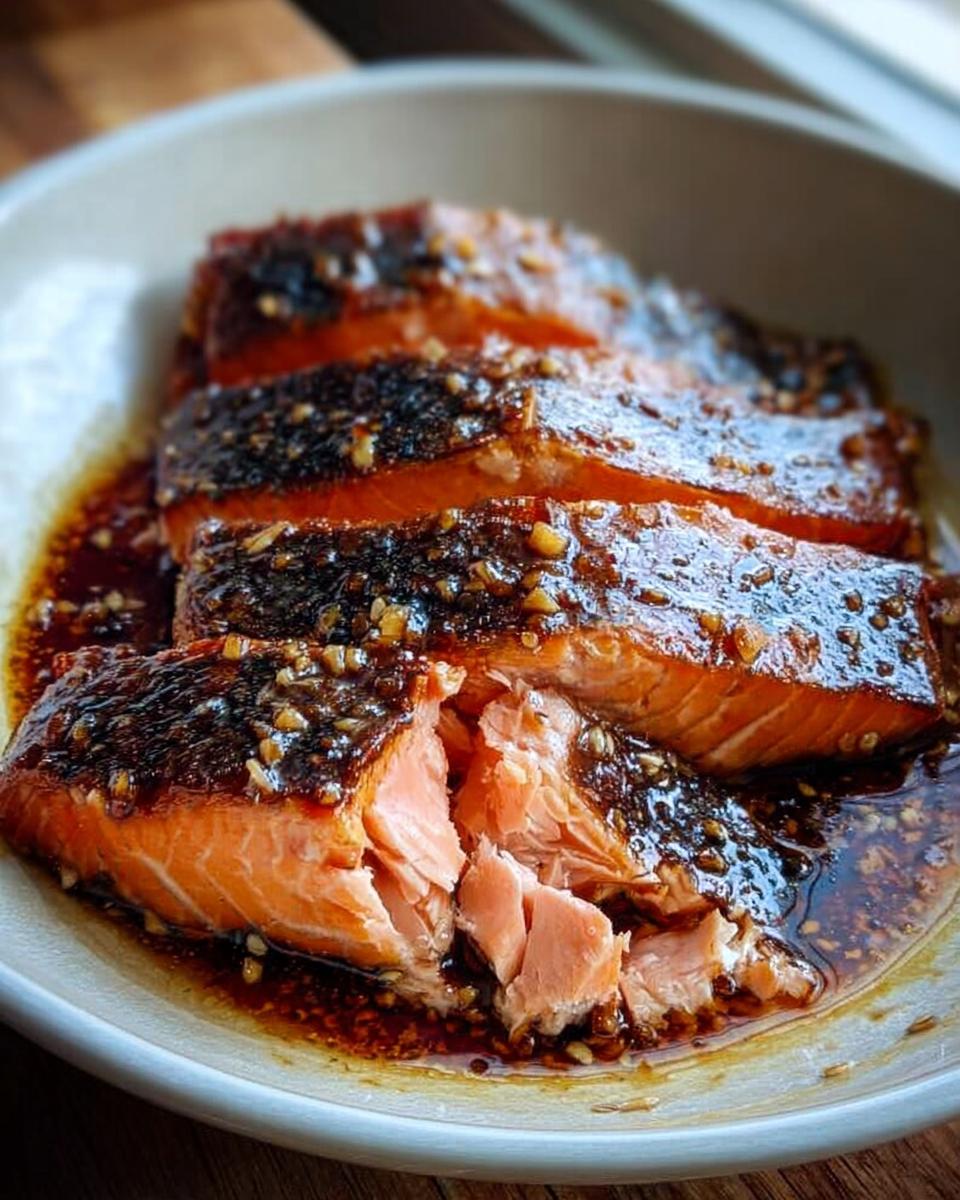 Close-up of flaky, cooked Soy Ginger Salmon fillets covered in a dark, glossy glaze with visible minced garlic or ginger.