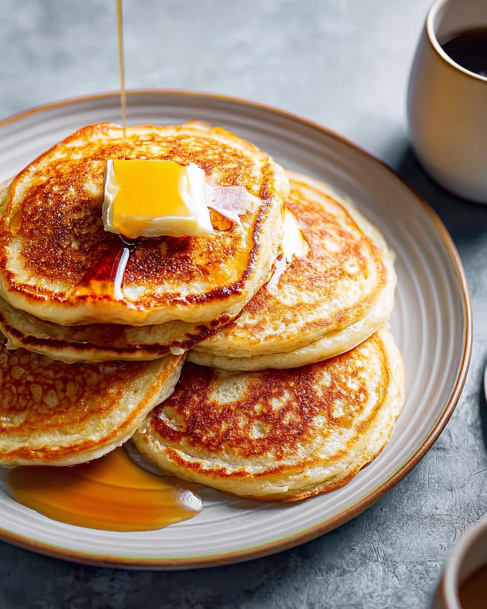 A tall stack of golden-brown Fluffy Buttermilk Pancakes topped with melting butter and drizzled with syrup.