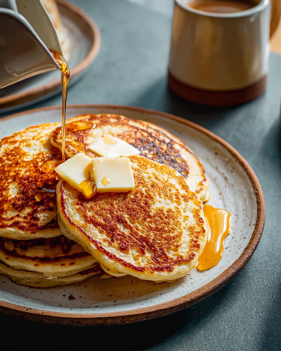 Close-up of a stack of Fluffy Buttermilk Pancakes topped with butter as syrup is poured over them.