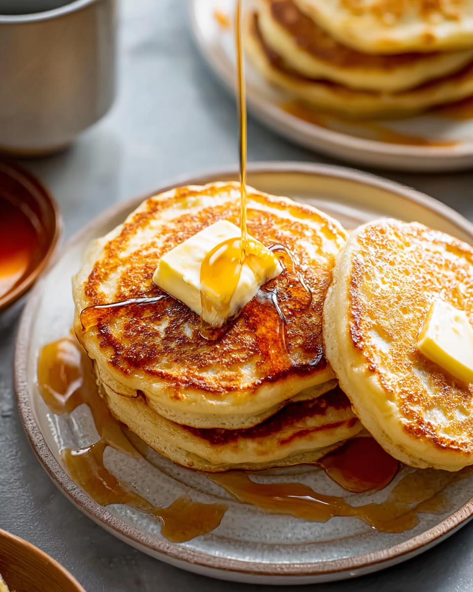 Close-up of a stack of Fluffy Buttermilk Pancakes topped with melting butter and drizzled with syrup.