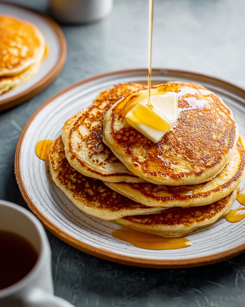 A tall stack of Fluffy Buttermilk Pancakes topped with melting butter, as syrup is poured over them.