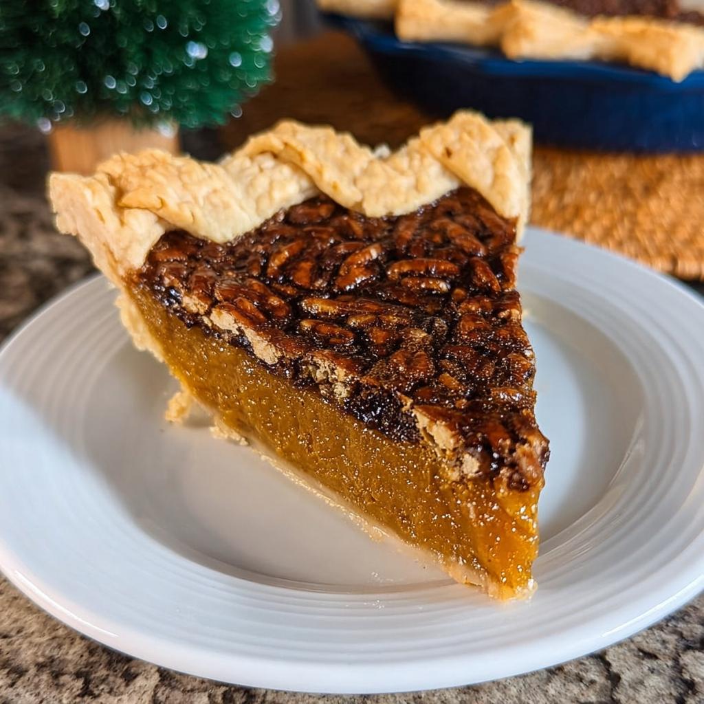 A delicious slice of pecan pie, a perfect Thanksgiving dessert, on a white plate.