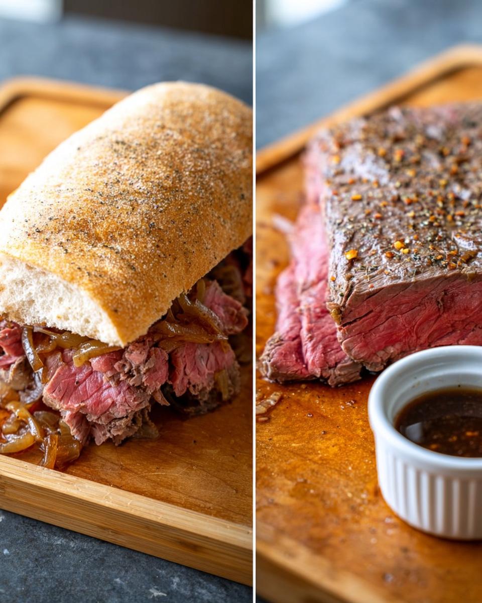 Split image showing a French Dip sandwich and sliced roast beef next to a small dish of delicious Au Jus.