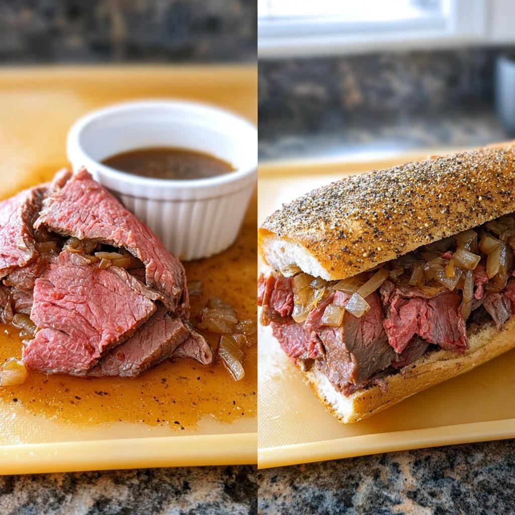 Split image showing sliced roast beef with au jus and a French Dip sandwich ready for dipping.