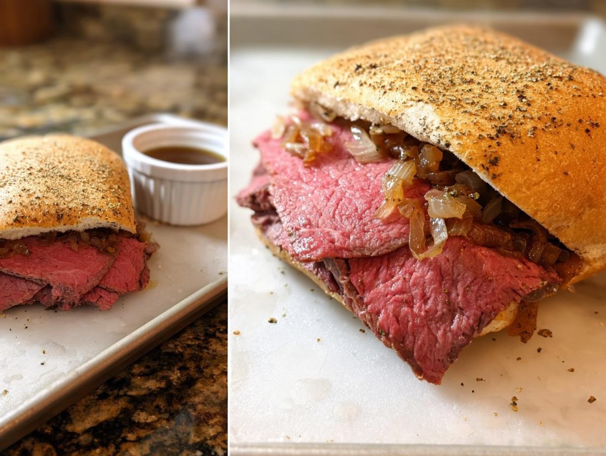A close-up of a French Dip sandwich filled with rare roast beef and onions, served with a side of delicious au jus for dipping.