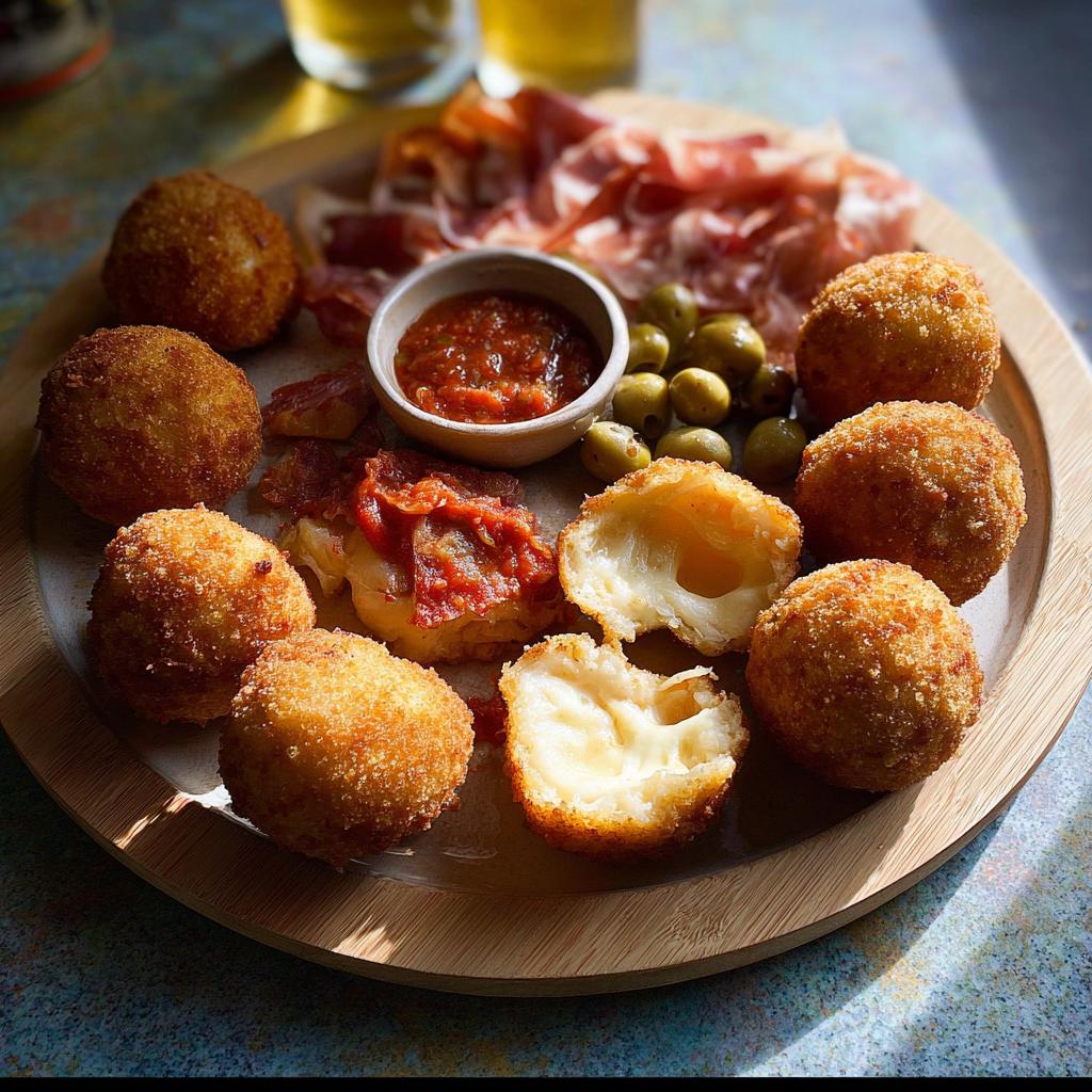 Plate of golden fried cheese balls, one broken open showing melted interior, served with prosciutto, olives, and dipping sauce for a New Year’s Eve Dinner Menu.