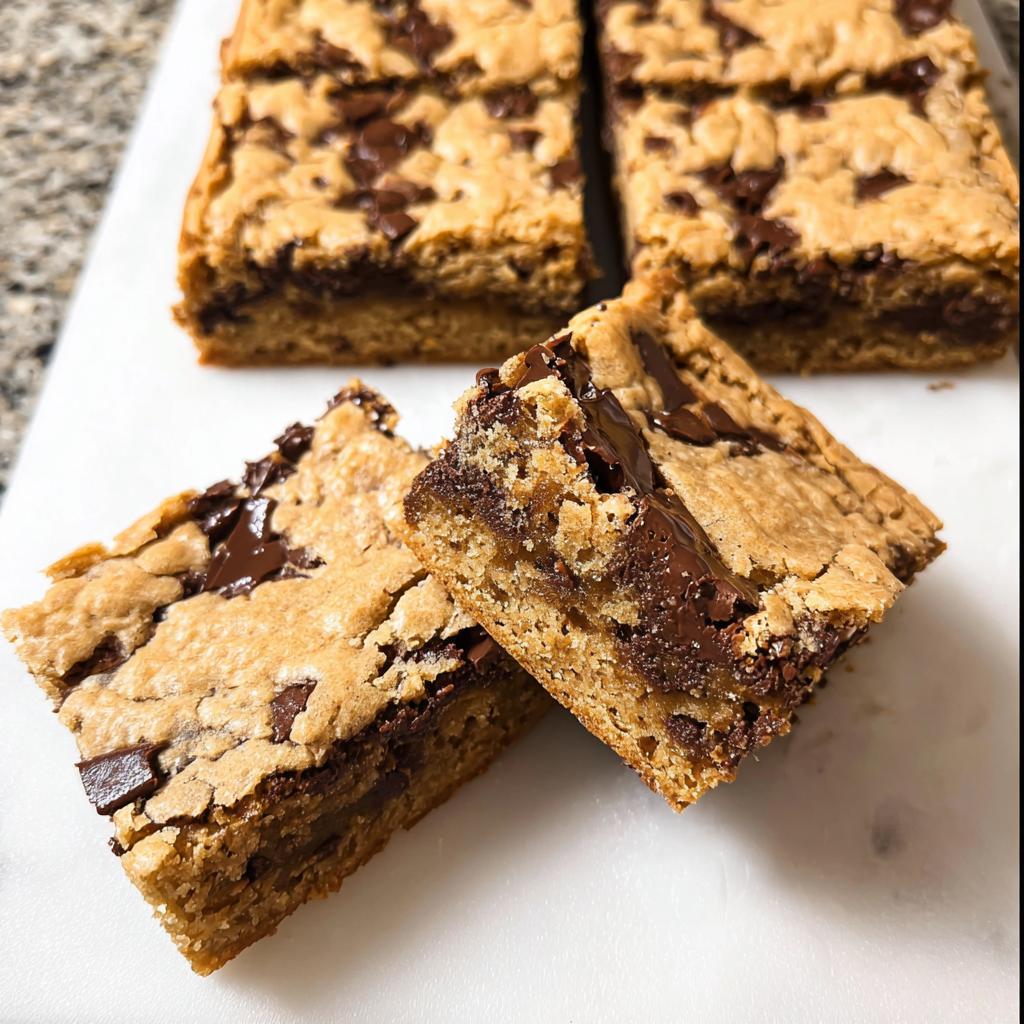 Close-up of two thick, fudgy chocolate chip bar cookies, perfect for a crowd.