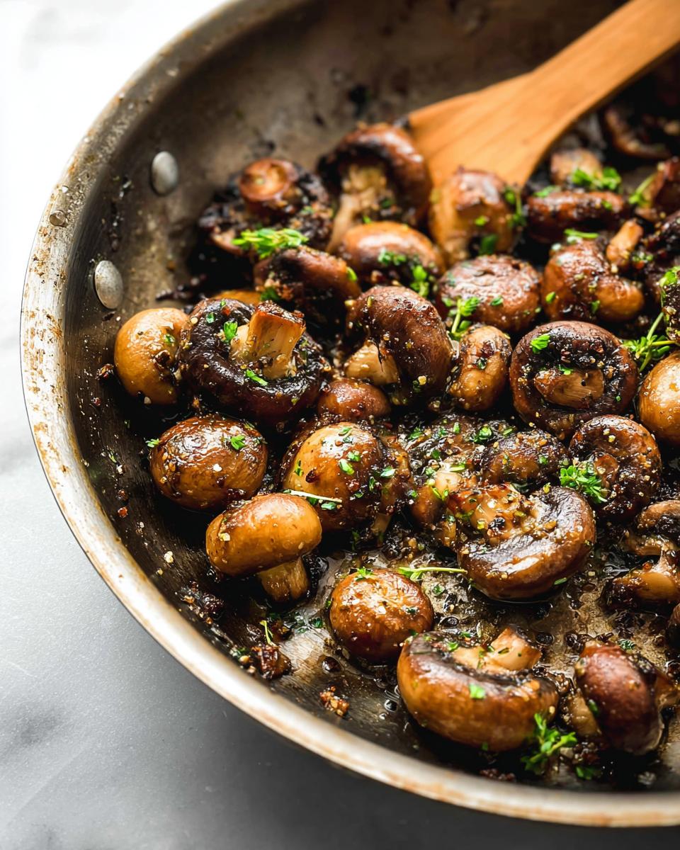 Close-up of whole brown mushrooms richly coated in garlic butter sauce in a skillet.