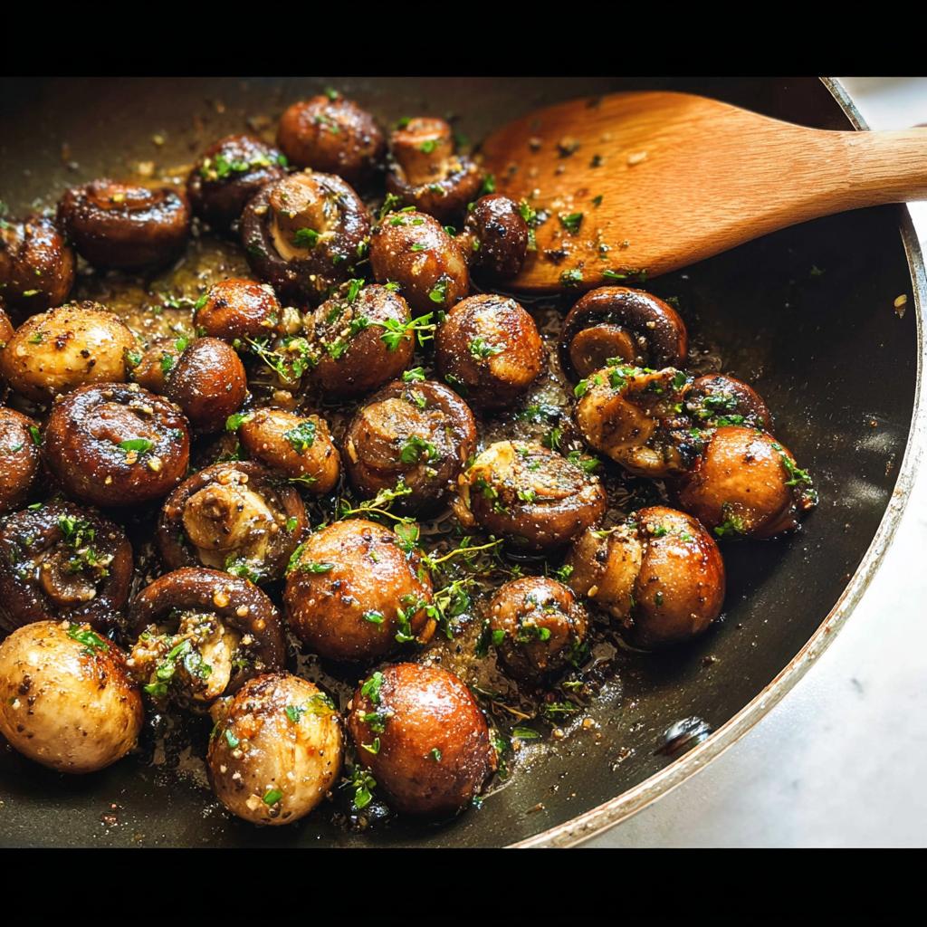 Close-up of whole cremini mushrooms being sautéed in a skillet with garlic butter and fresh herbs, perfect Garlic Butter Mushrooms.