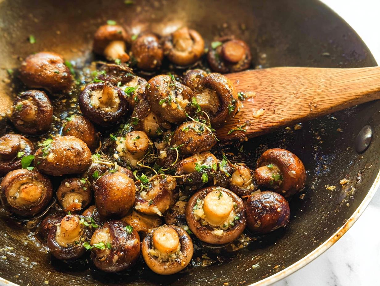 Close-up of whole cremini mushrooms sizzling in a skillet with garlic butter sauce and fresh herbs.