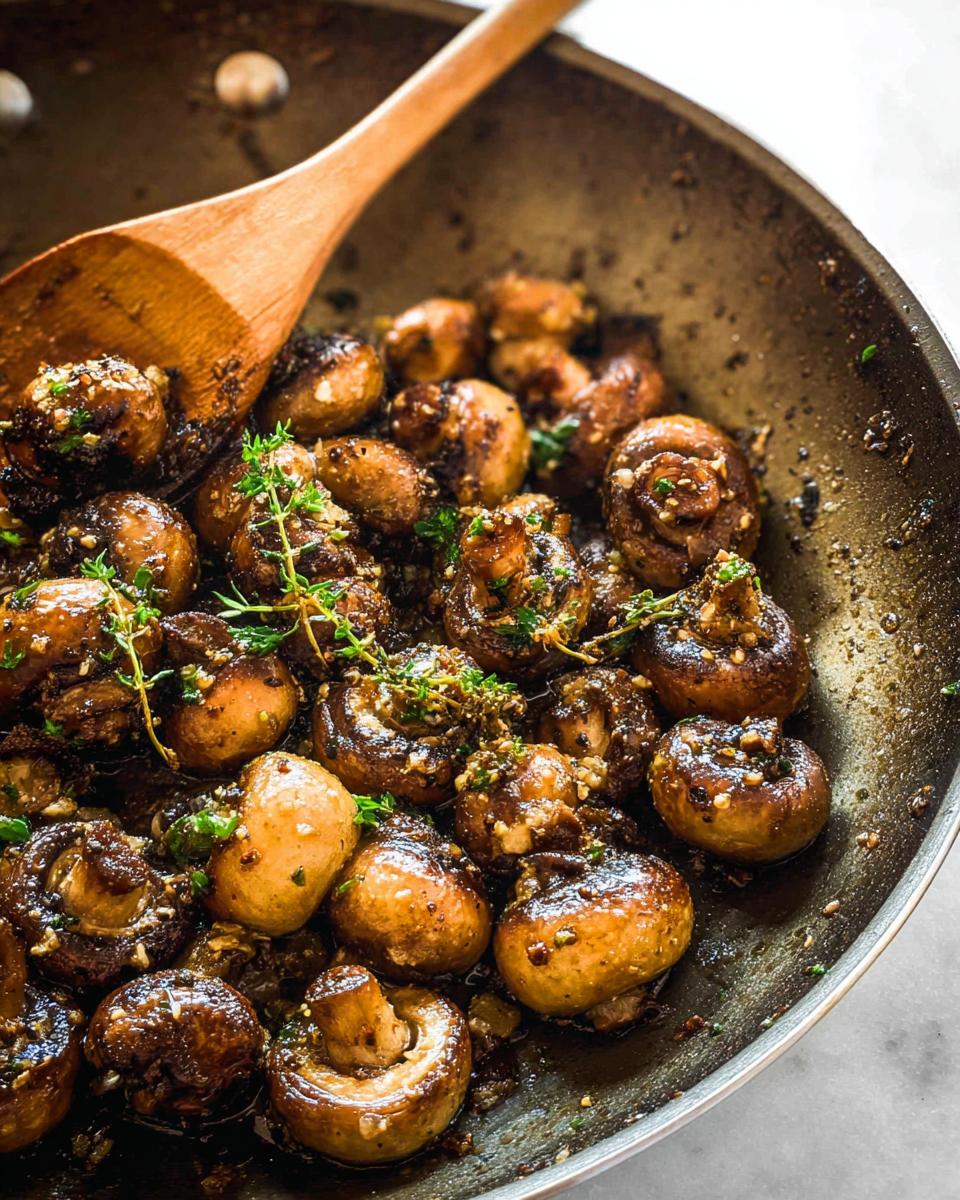 Close-up of whole button mushrooms glistening in a dark garlic butter sauce, garnished with thyme in a skillet.