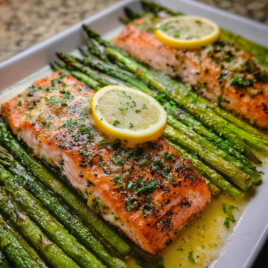 Two pieces of baked Garlic Butter Salmon & Asparagus topped with lemon slices and fresh herbs.