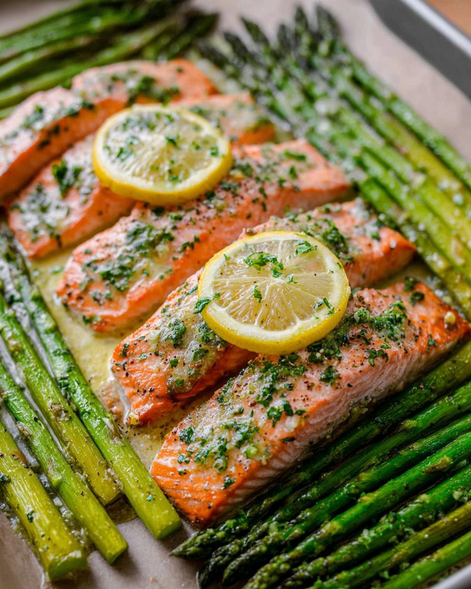 Close-up of baked Garlic Butter Salmon & Asparagus fillets topped with lemon slices and herbs.