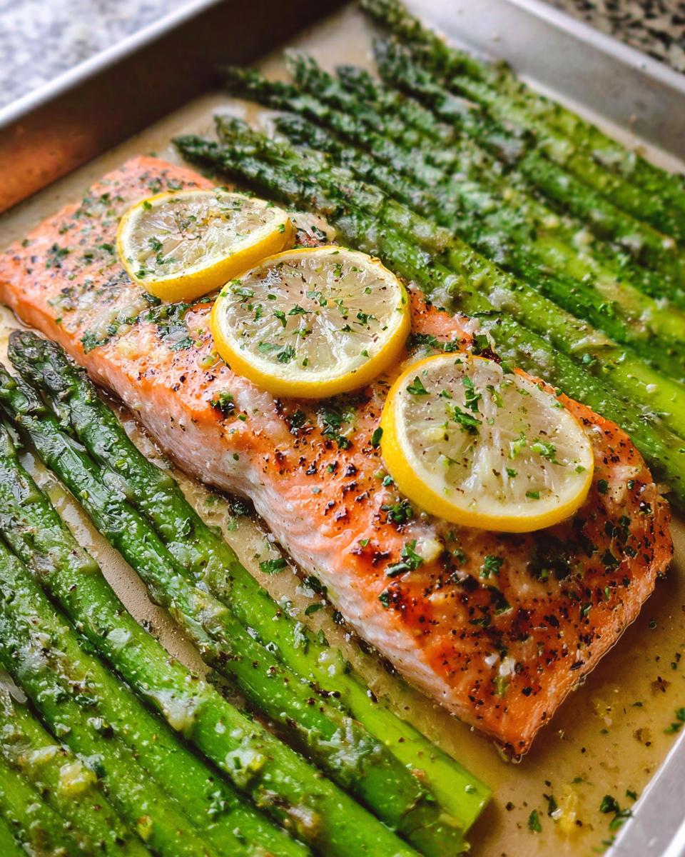 A baked fillet of Garlic Butter Salmon & Asparagus topped with lemon slices and herbs on a sheet pan.