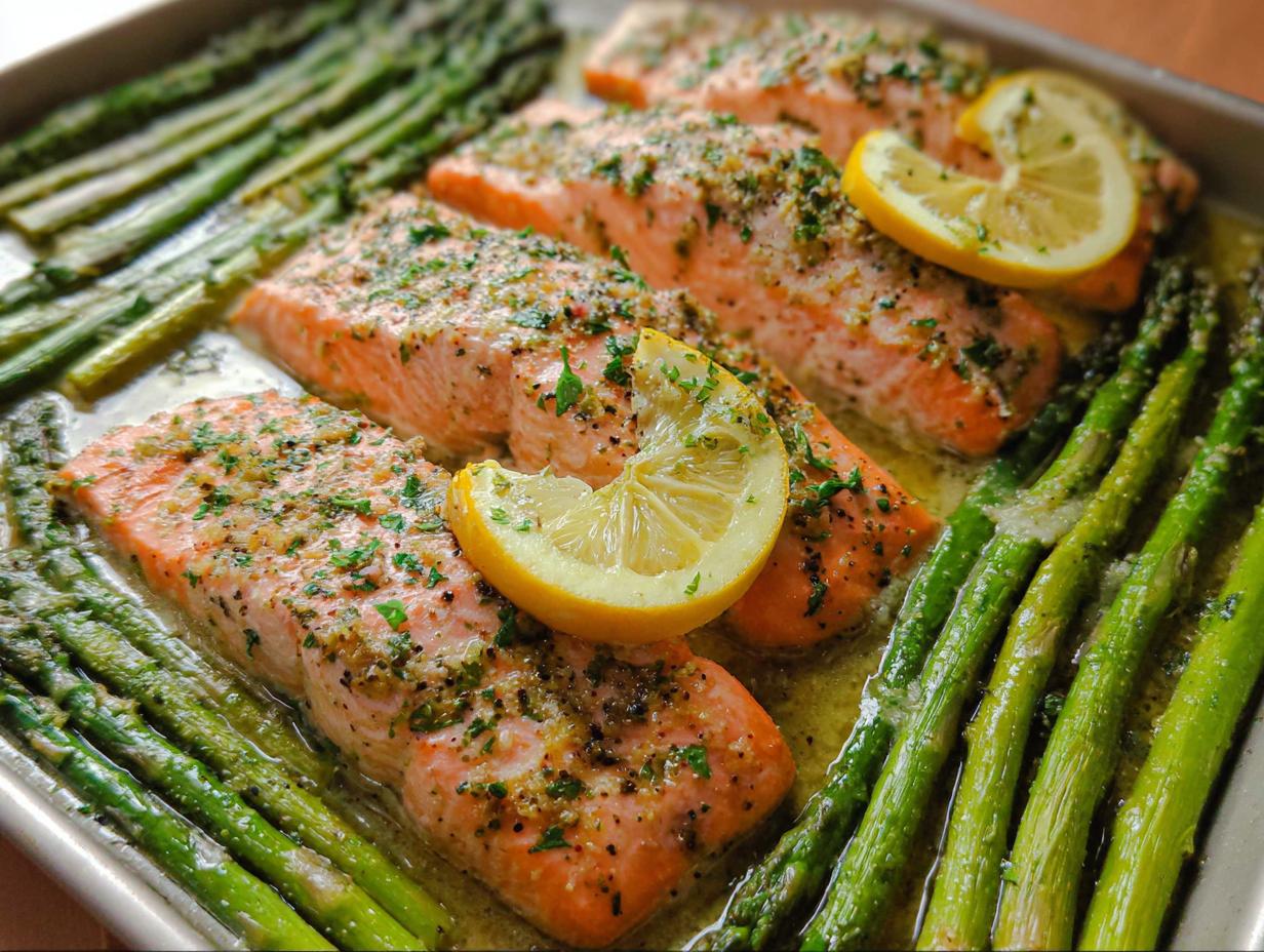 Four fillets of baked Garlic Butter Salmon & Asparagus topped with herbs and lemon slices on a sheet pan.