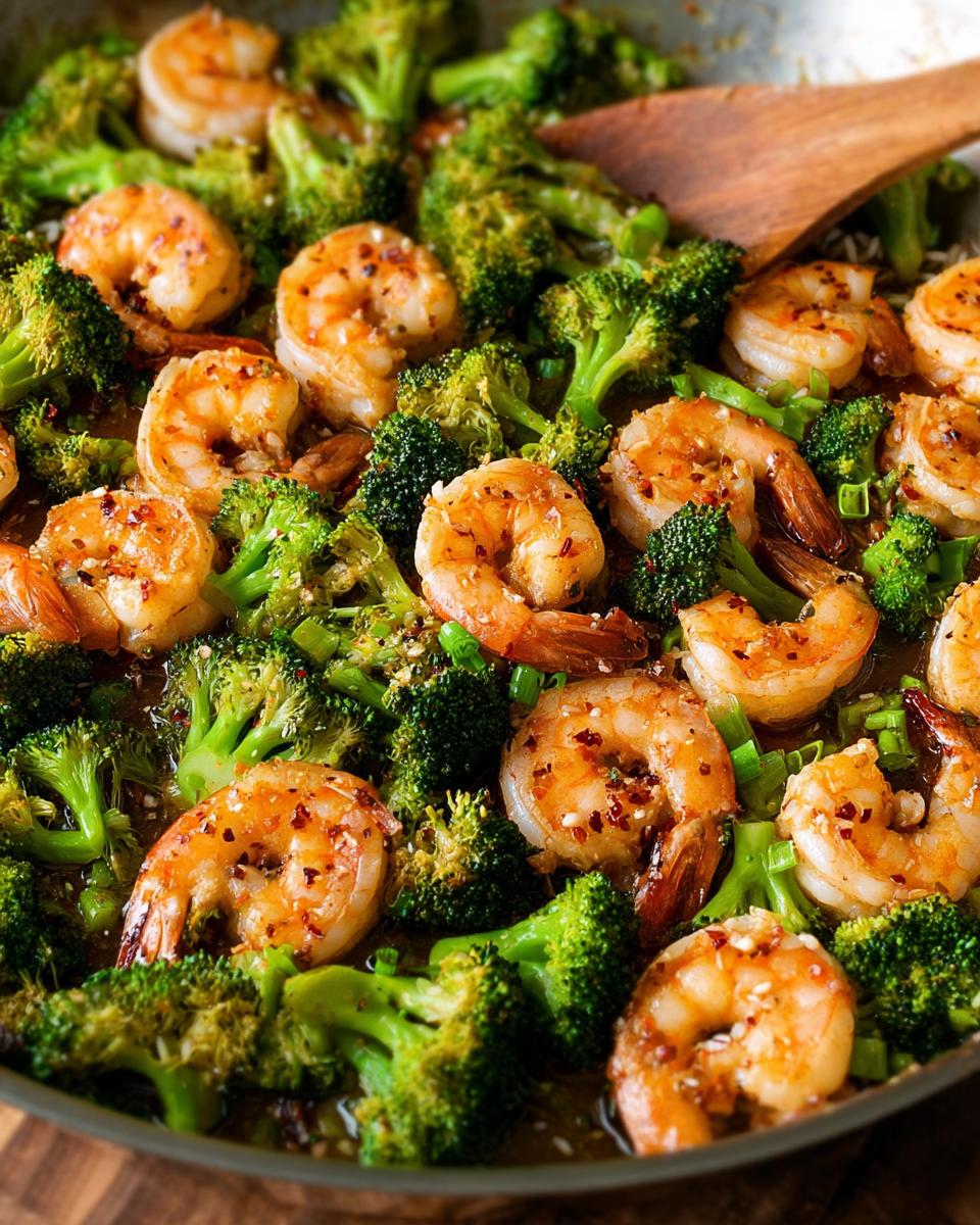 Close-up of Garlic Butter Shrimp & Broccoli cooked in a skillet with a wooden spoon.
