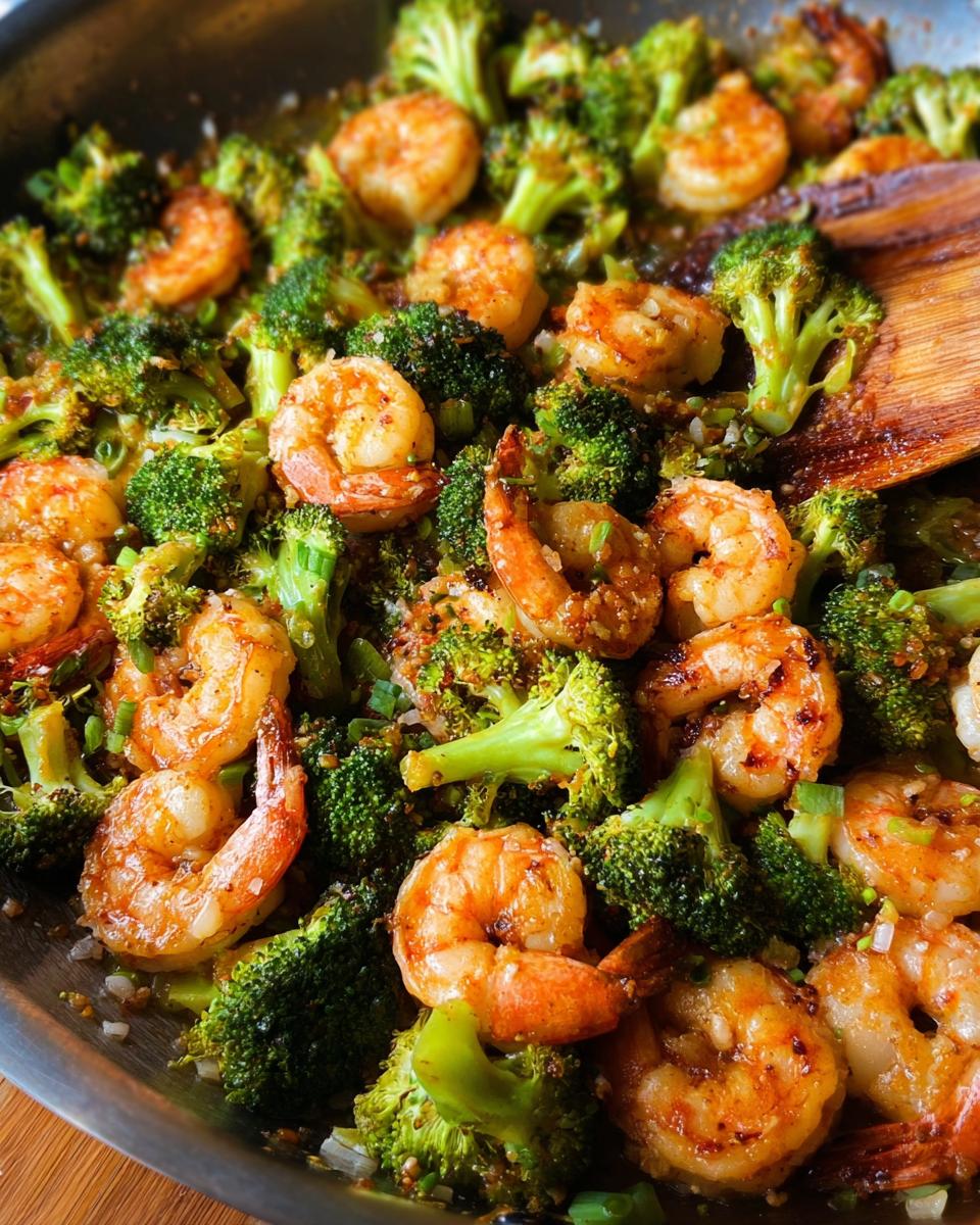 Close-up of Garlic Butter Shrimp & Broccoli in a skillet, showing plump shrimp and vibrant green broccoli florets.