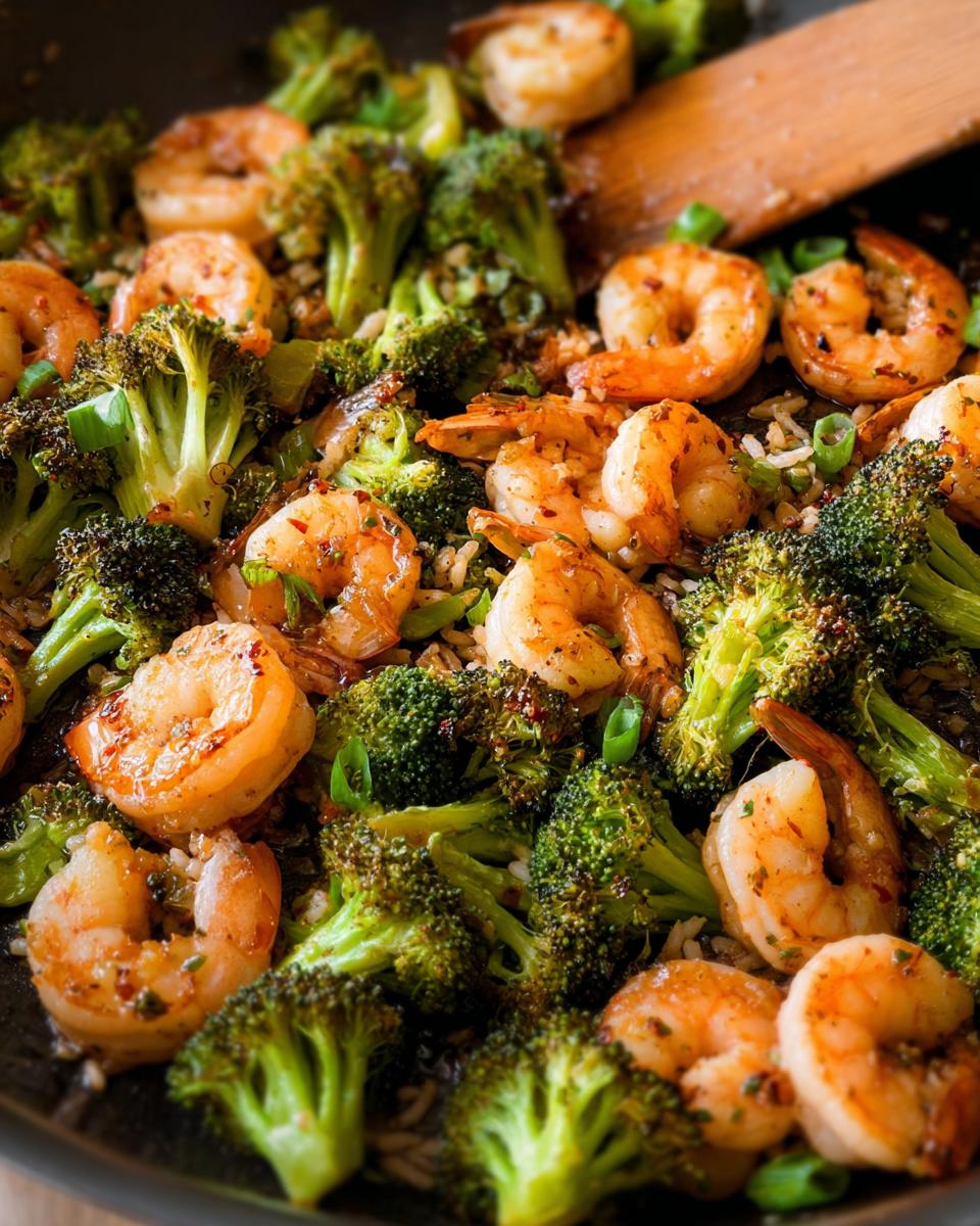 Close-up of a skillet filled with Garlic Butter Shrimp & Broccoli, garnished with green onions.